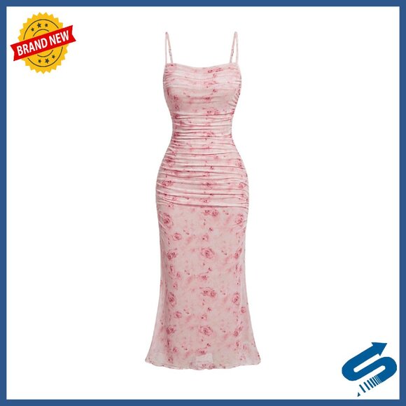 Floral Ruched Bodycon Midi Dress Mesh Sleeveless Fishtail Cami